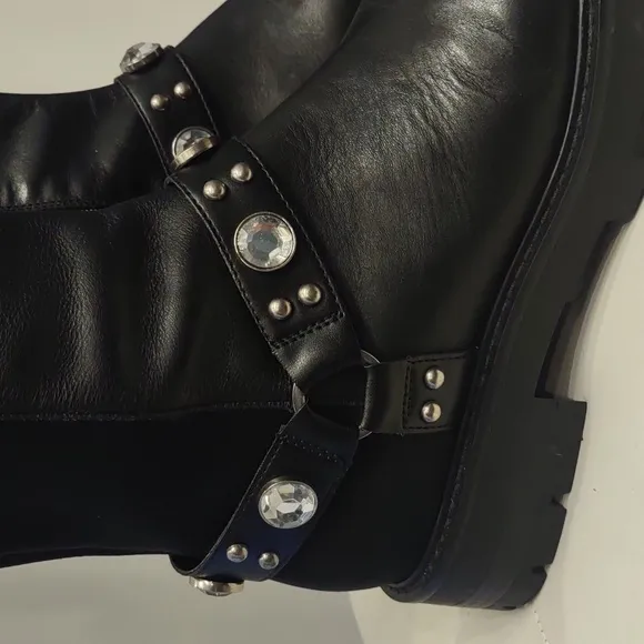 Karl Lagerfeld Milla Black Knee High Rhinestone Equestrian Buckle New Lug Boots