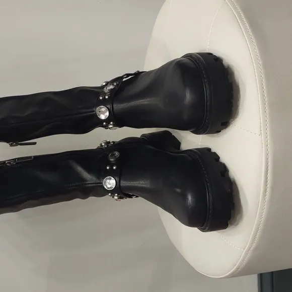 Karl Lagerfeld Milla Black Knee High Rhinestone Equestrian Buckle New Lug Boots