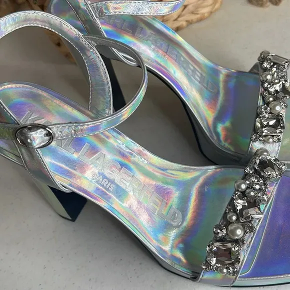 KARL LAGERFELD PARISJala Rhinestone Embellished Platform Dress Sandals Sz 10