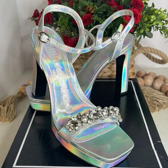 KARL LAGERFELD PARISJala Rhinestone Embellished Platform Dress Sandals Sz 10