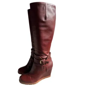 Kate Spade Brown Leather Wedge Knee-High Boots Sz: 9