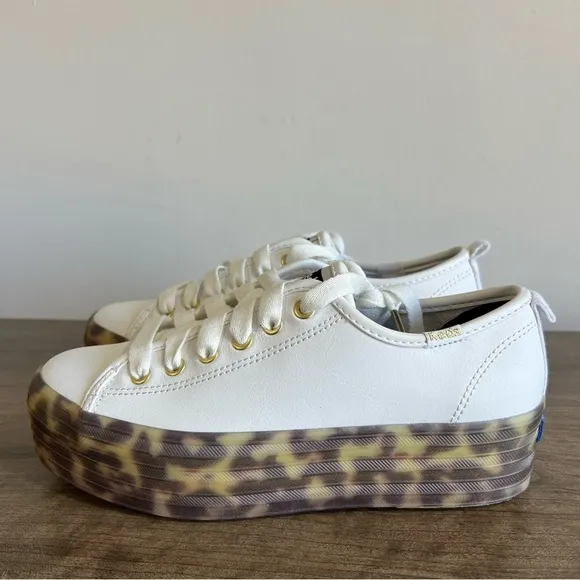 KEDS Triple Up White Leather Leopard Platform Women's Shoe Size 6 #1102