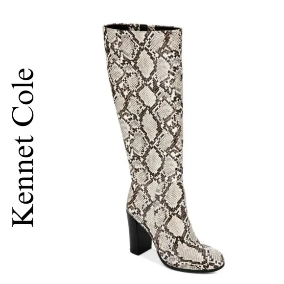 KENNETH COLE Womens Snake Skin-Print Justin Round Toe Block Heel Boots 7.5