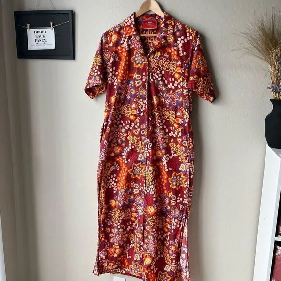 LA DoubleJ Dress Bowling Floral Print Button Front Maxi Dress Red Multi Size XS