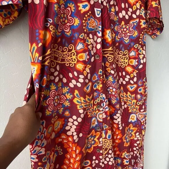 LA DoubleJ Dress Bowling Floral Print Button Front Maxi Dress Red Multi Size XS