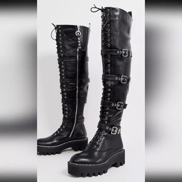 Lamoda Black High Boots Extreme Lace up Buckle Over The Knee