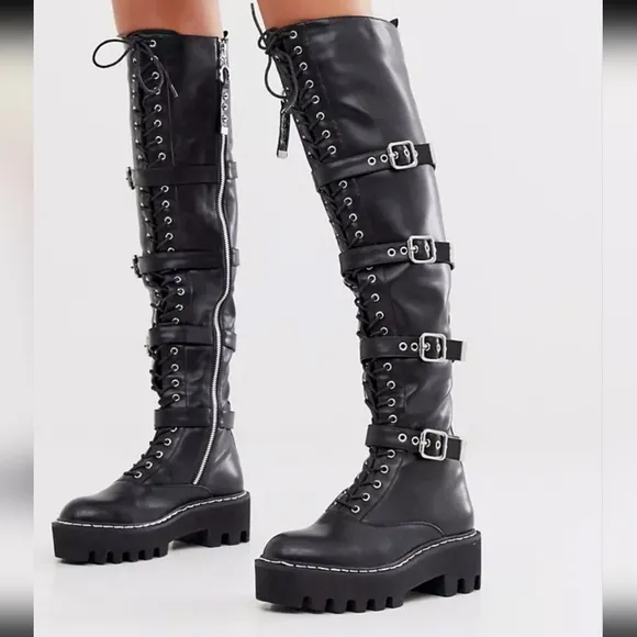 Lamoda Black High Boots Extreme Lace up Buckle Over The Knee