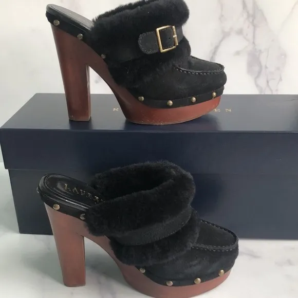 Lauren Ralph Lauren Black Suede And Natural Shearling Clogs Studded Platform 6