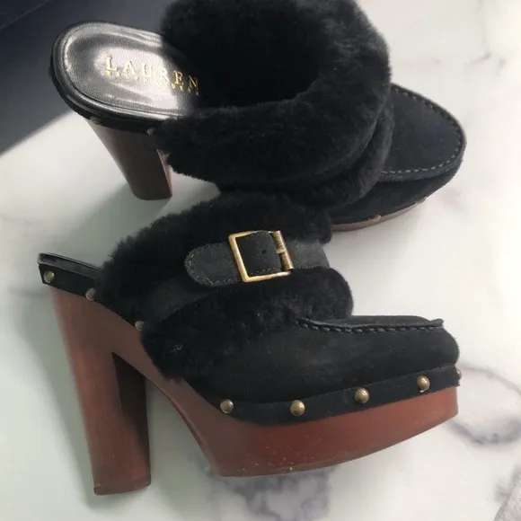 Lauren Ralph Lauren Black Suede And Natural Shearling Clogs Studded Platform 6