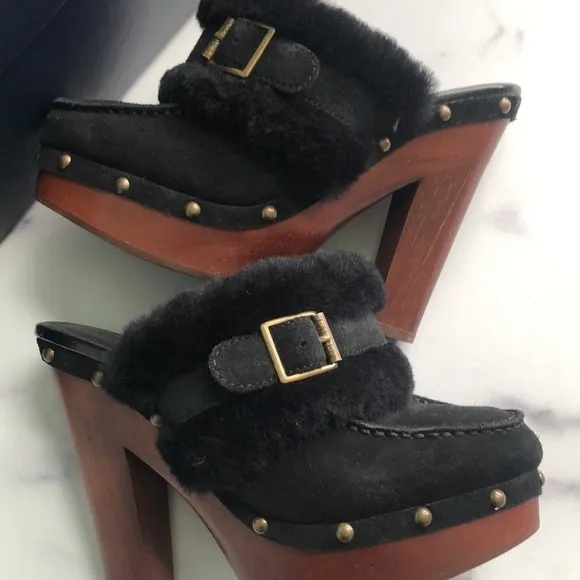 Lauren Ralph Lauren Black Suede And Natural Shearling Clogs Studded Platform 6