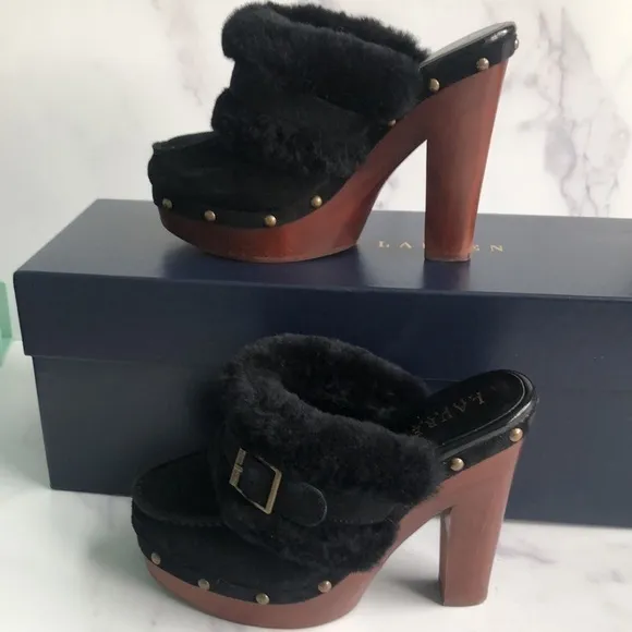 Lauren Ralph Lauren Black Suede And Natural Shearling Clogs Studded Platform 6