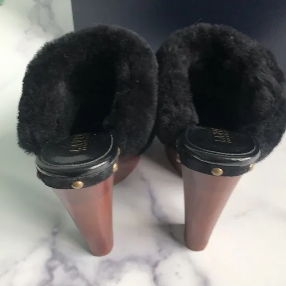 Lauren Ralph Lauren Black Suede And Natural Shearling Clogs Studded Platform 6