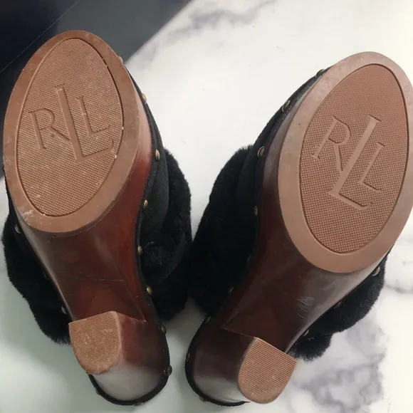 Lauren Ralph Lauren Black Suede And Natural Shearling Clogs Studded Platform 6