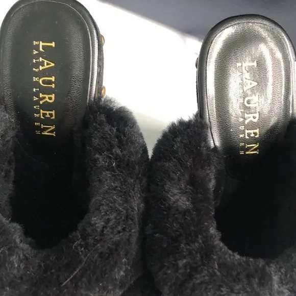 Lauren Ralph Lauren Black Suede And Natural Shearling Clogs Studded Platform 6