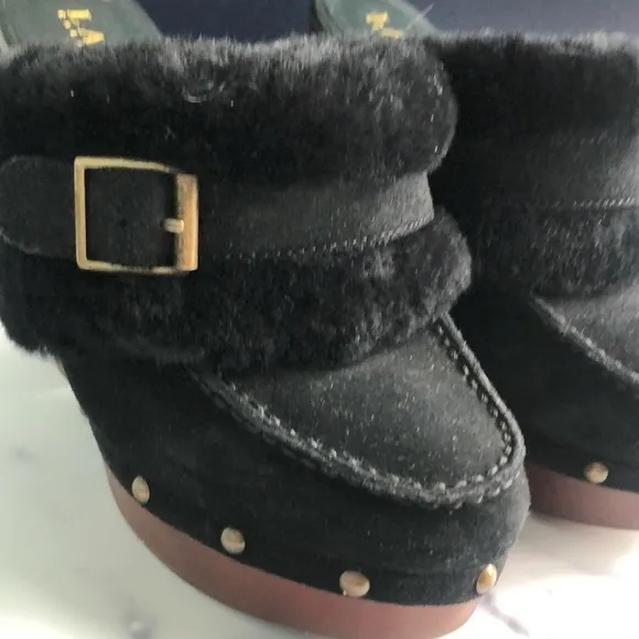 Lauren Ralph Lauren Black Suede And Natural Shearling Clogs Studded Platform 6