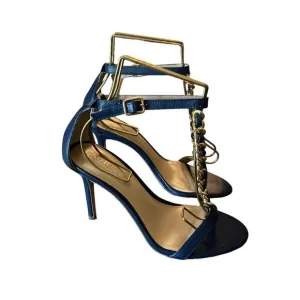 Lauren Ralph Lauren Kate T-Strap Chain Leather Dress Sandals Navy  NEW Size 6