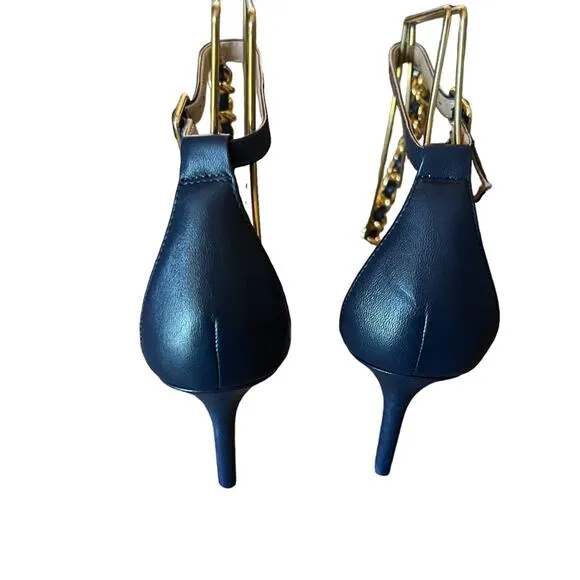 Lauren Ralph Lauren Kate T-Strap Chain Leather Dress Sandals Navy  NEW Size 6