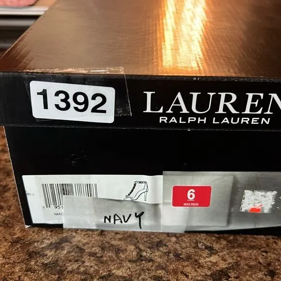 Lauren Ralph Lauren Kate T-Strap Chain Leather Dress Sandals Navy  NEW Size 6