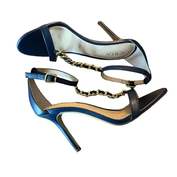 Lauren Ralph Lauren Kate T-Strap Chain Leather Dress Sandals Navy  NEW Size 6