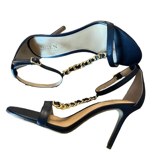 Lauren Ralph Lauren Kate T-Strap Chain Leather Dress Sandals Navy  NEW Size 6