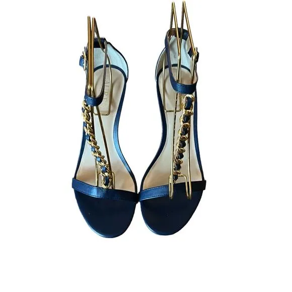 Lauren Ralph Lauren Kate T-Strap Chain Leather Dress Sandals Navy  NEW Size 6