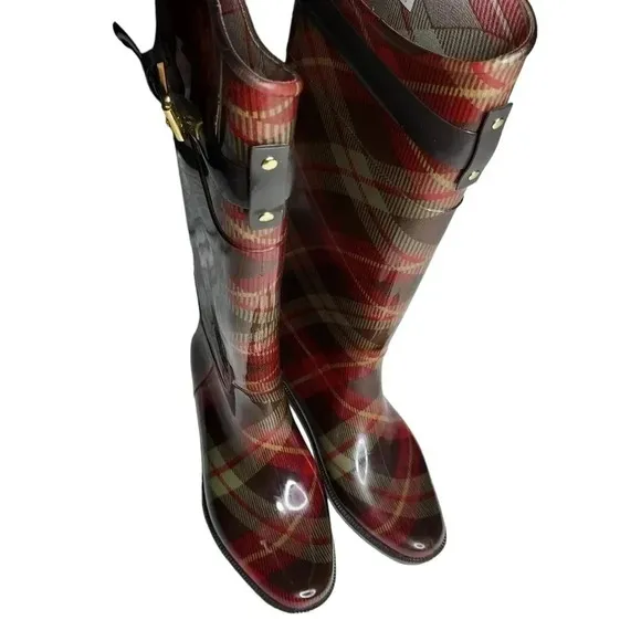 Lauren Ralph Lauren Plaid Rossalyn II Knee High PVC Rain Boots 6B