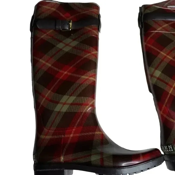 Lauren Ralph Lauren Plaid Rossalyn II Knee High PVC Rain Boots 6B