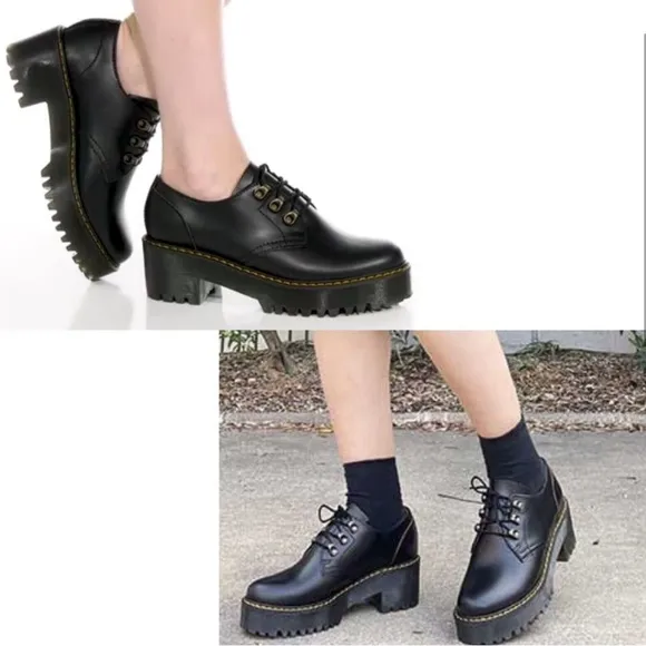 Leona Lo Black Vintage Smooth Leather Classic Platform Sole Heeled Shoes NWOT 11