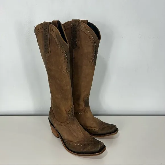 LIBERTY Black Knee High Brown Heeled Western Boots