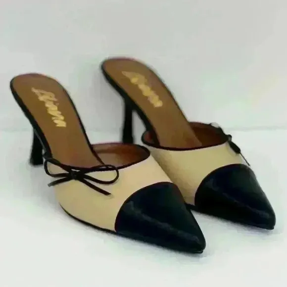 Liliana Leather Pointy Toe Bowtie Mid Heel Slip On Sandal Shoes Mule Black/Nude