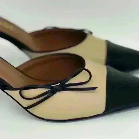 Liliana Leather Pointy Toe Bowtie Mid Heel Slip On Sandal Shoes Mule Black/Nude
