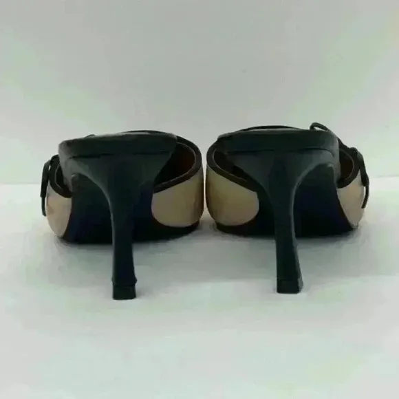 Liliana Leather Pointy Toe Bowtie Mid Heel Slip On Sandal Shoes Mule Black/Nude