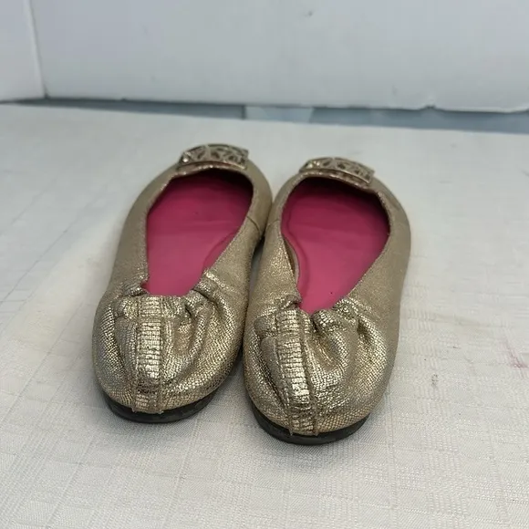 Lilly Pulitzer Logo Ballet Flats 9 Womens  Shiny Leather champagne gold