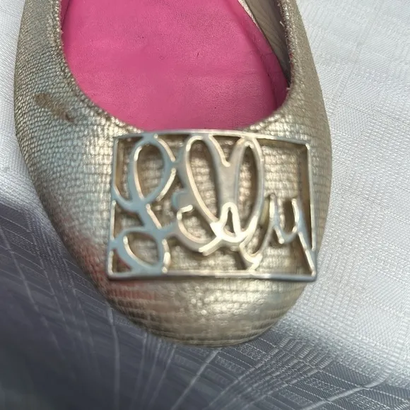 Lilly Pulitzer Logo Ballet Flats 9 Womens  Shiny Leather champagne gold