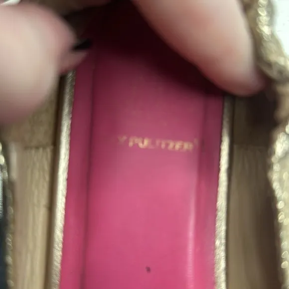 Lilly Pulitzer Logo Ballet Flats 9 Womens  Shiny Leather champagne gold