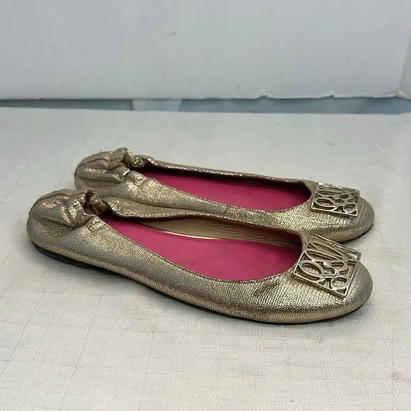 Lilly Pulitzer Logo Ballet Flats 9 Womens  Shiny Leather champagne gold