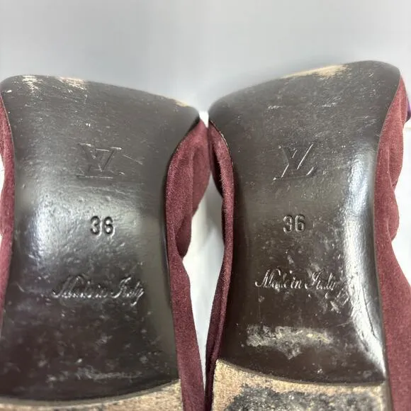 Louis Vuitton Shoes Womens 6 EU 36 Burgundy Suede Bow Scrunch Ballet Flats