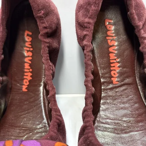 Louis Vuitton Shoes Womens 6 EU 36 Burgundy Suede Bow Scrunch Ballet Flats