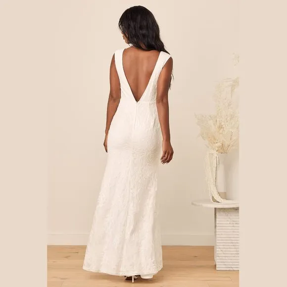 Lulus True Feelings White Sequin Embroidered Lace Maxi Dress M