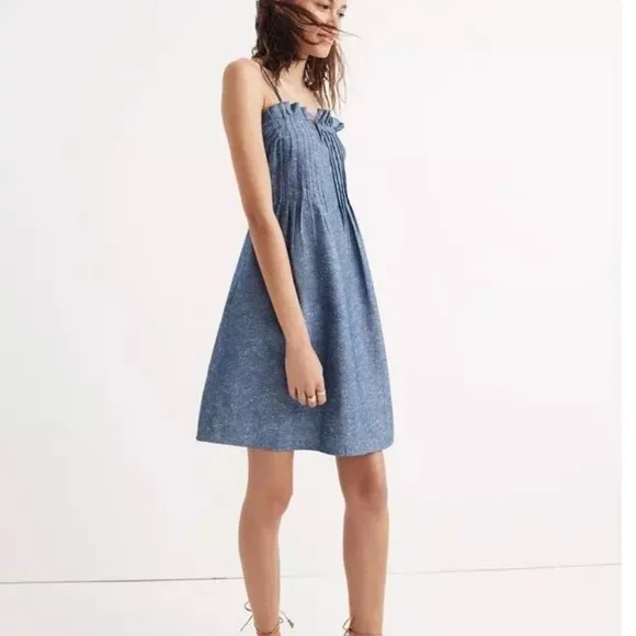 Madewell Denim PintuckCami Square Neck Mini Dress Blue Size 8