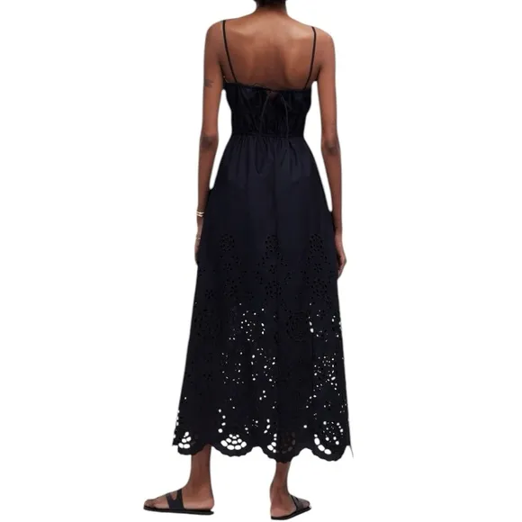 Madewell Embroidered Tank Midi Dress in Black Poplin