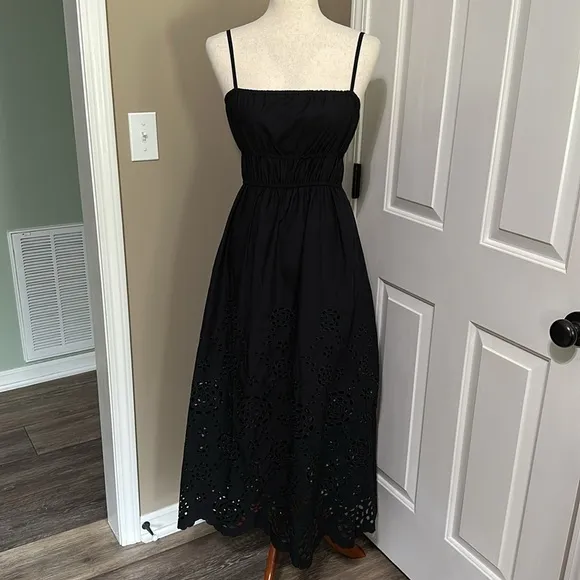 Madewell Embroidered Tank Midi Dress in Black Poplin