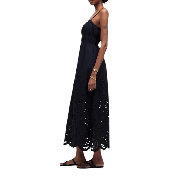 Madewell Embroidered Tank Midi Dress in Black Poplin