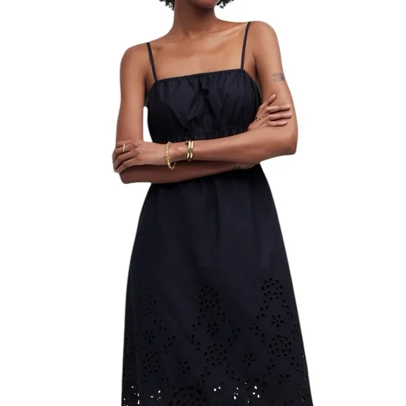 Madewell Embroidered Tank Midi Dress in Black Poplin