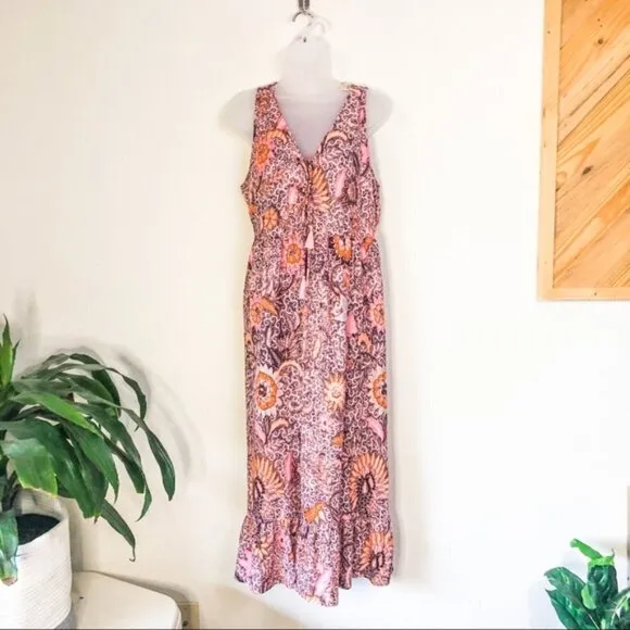 Madewell Floral Bali Blooms Midi V-neck Dress With Ruffled Hem &amp; Tassel Ties