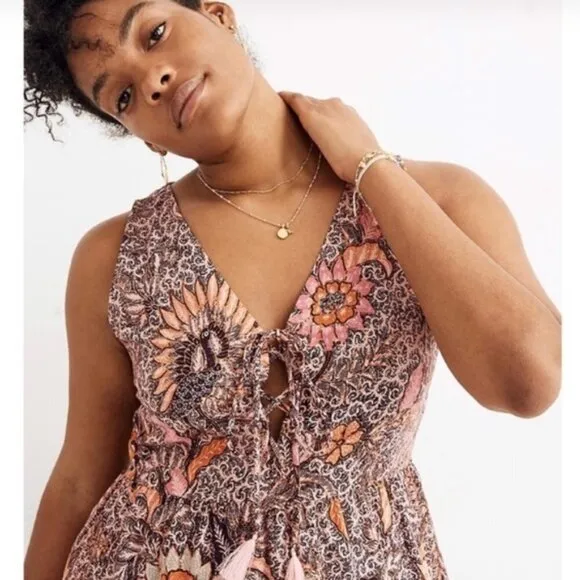 Madewell Floral Bali Blooms Midi V-neck Dress With Ruffled Hem &amp; Tassel Ties