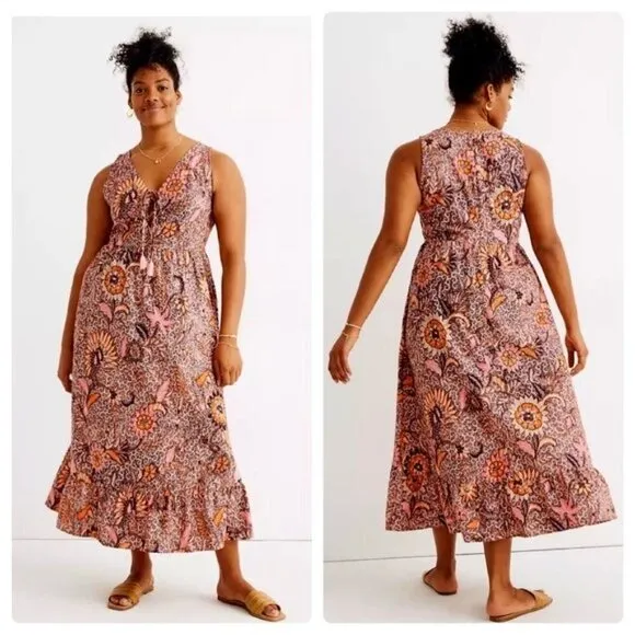 Madewell Floral Bali Blooms Midi V-neck Dress With Ruffled Hem &amp; Tassel Ties
