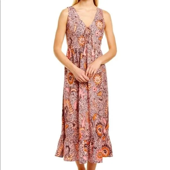 Madewell Floral Bali Blooms Midi V-neck Dress With Ruffled Hem &amp; Tassel Ties