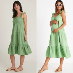 Marine Layer Jude Dress Flutter Sleeve Tiered Swing Midi Jade Sheen Green NWT M