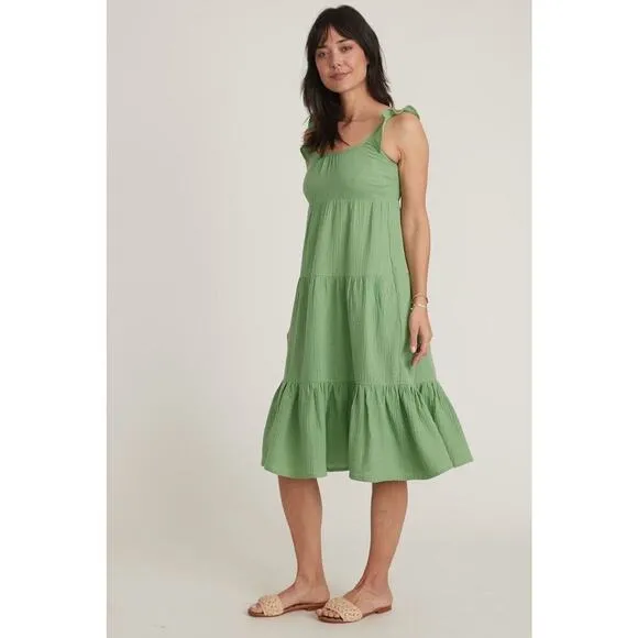 Marine Layer Jude Dress Flutter Sleeve Tiered Swing Midi Jade Sheen Green NWT M